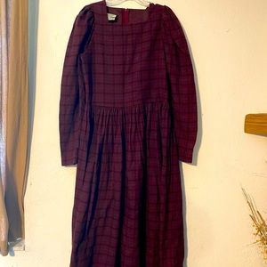 1990s Laura Ashley Maroon Plaid Wool Dress - 90s Tartan Plaid Long Sleeve Dress